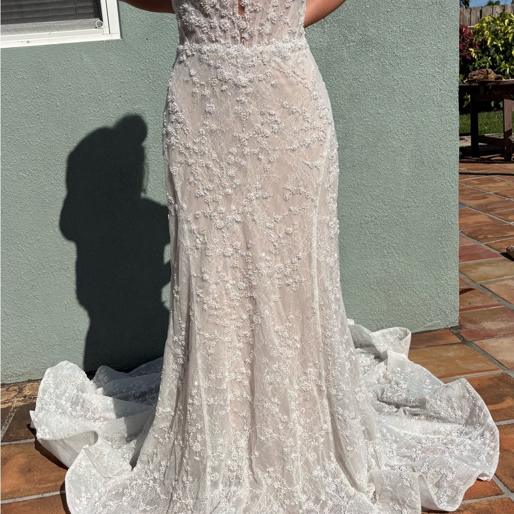 Allure Sheer Lace Beaded Wedding Gown in white